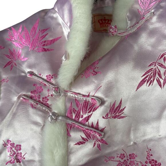 Vintage Pink Satin Chinese-Inspired Vest Faux Fur Satin Pink - Picture 4 of 7